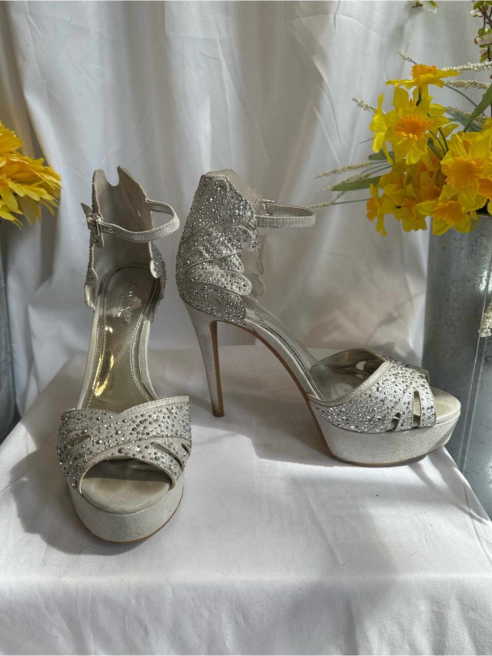 Gianni Bini Silver Rhinestone Platform Stiletto Heels with Ankle Strap